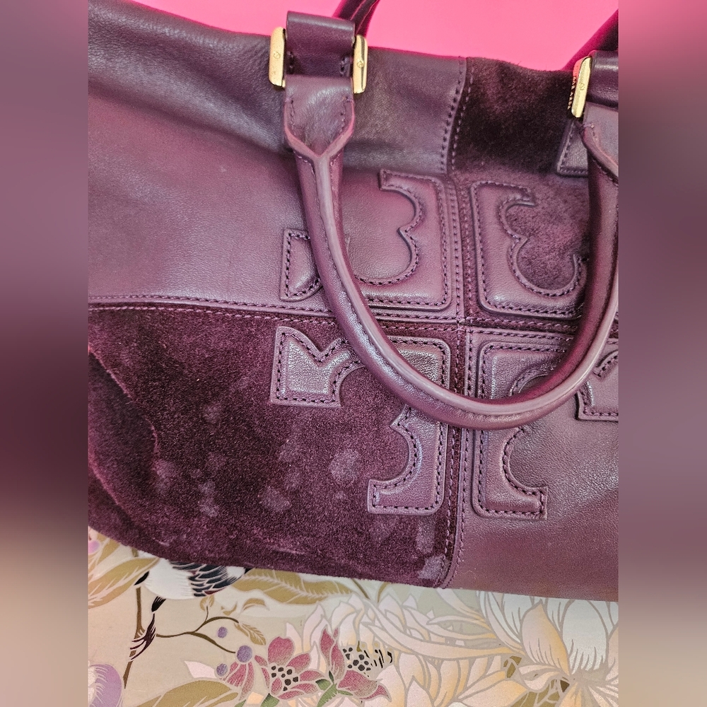 Tory Burch 'Natalie' Satchel Leather & Suede Purple Tote Large - Picture 7 of 8